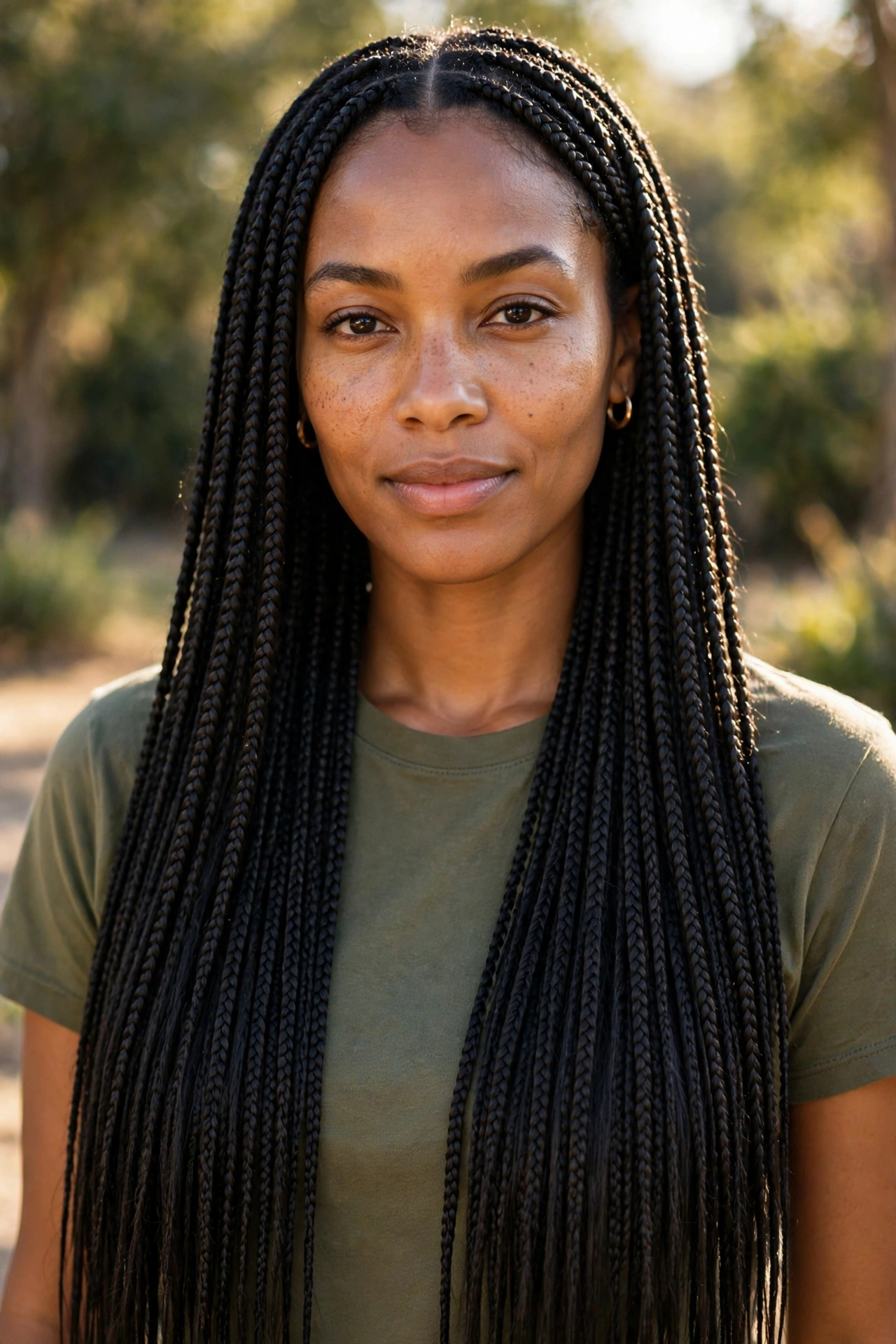 A woman with long straight crochet braids in a sleek box-braid style, photographed from the front in warm natural light, showing the full-bodied, sleek finish, wearing an olive top.