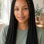 A woman with long, neat knotless box braids worn down past her shoulders, photographed in a bright room with soft daylight, wearing a simple sage-green top, the braids smooth and evenly parted.