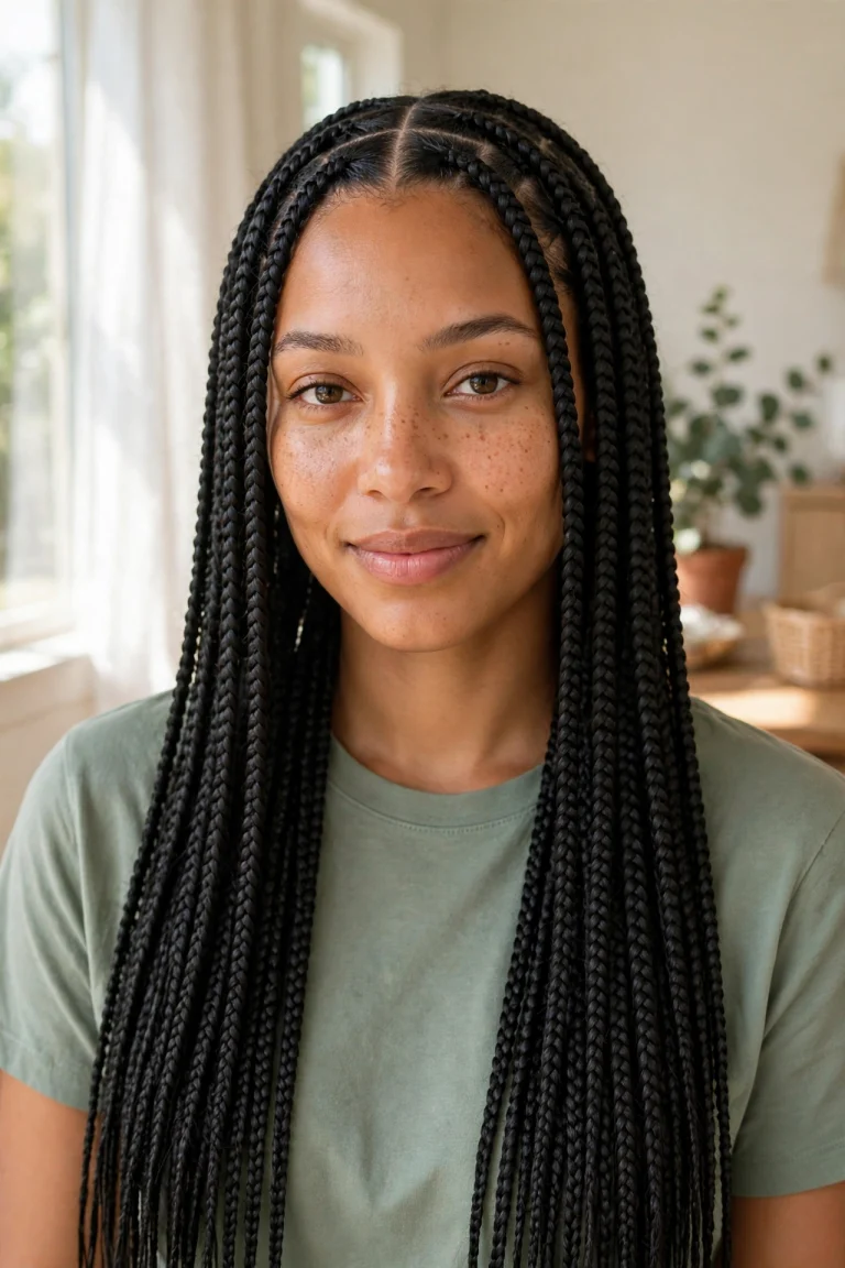 A woman with long, neat knotless box braids worn down past her shoulders, photographed in a bright room with soft daylight, wearing a simple sage-green top, the braids smooth and evenly parted.