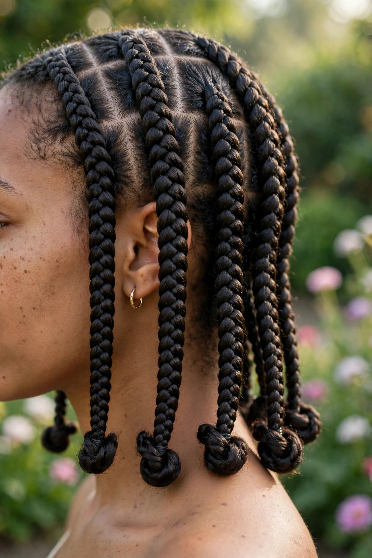 Close-up of medium box braids photographed outdoors in soft morning light against a blurred garden background, with the ends finished in small knots and loops.