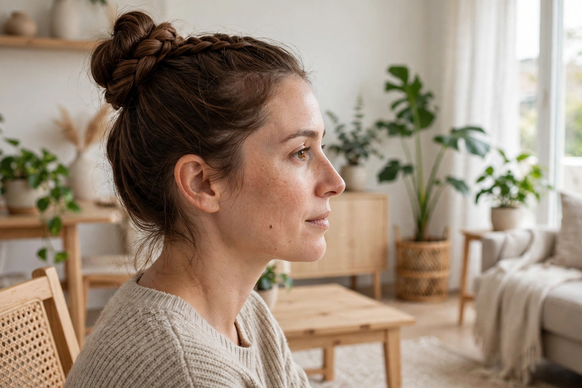 A woman with a braided high bun on brown hair, a thick braid coiled into a bun, shown from the side in a bright living room with plants and wooden furniture.