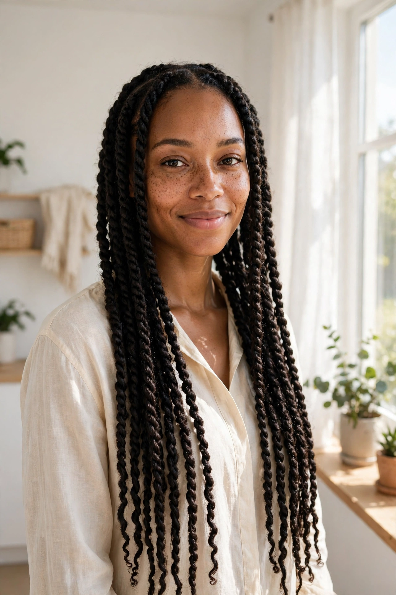 A woman with long two-strand twist extensions with curly ends, smiling softly while standing near a sunny window in a clean, bright room, wearing a cream shirt.