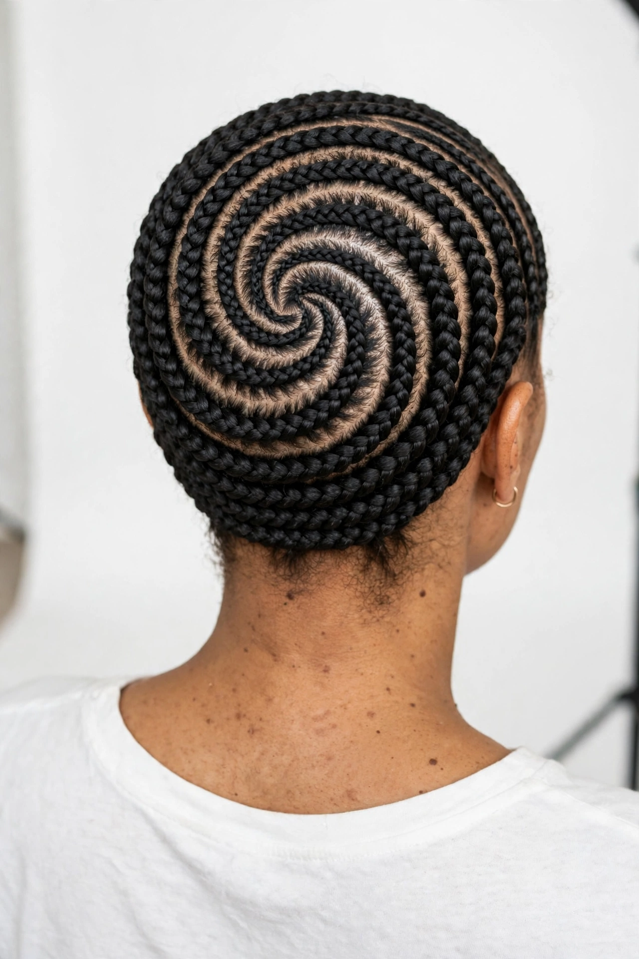 A woman with a circular spiral cornrow updo, photographed from the back in a bright studio setting, the neat spiral cornrow pattern clearly visible.
