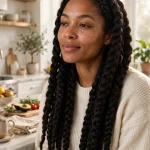 A woman with jumbo knotless braids worn loose over her shoulders, photographed in a bright kitchen in soft morning light, wearing a casual cream sweater, looking relaxed and effortless.