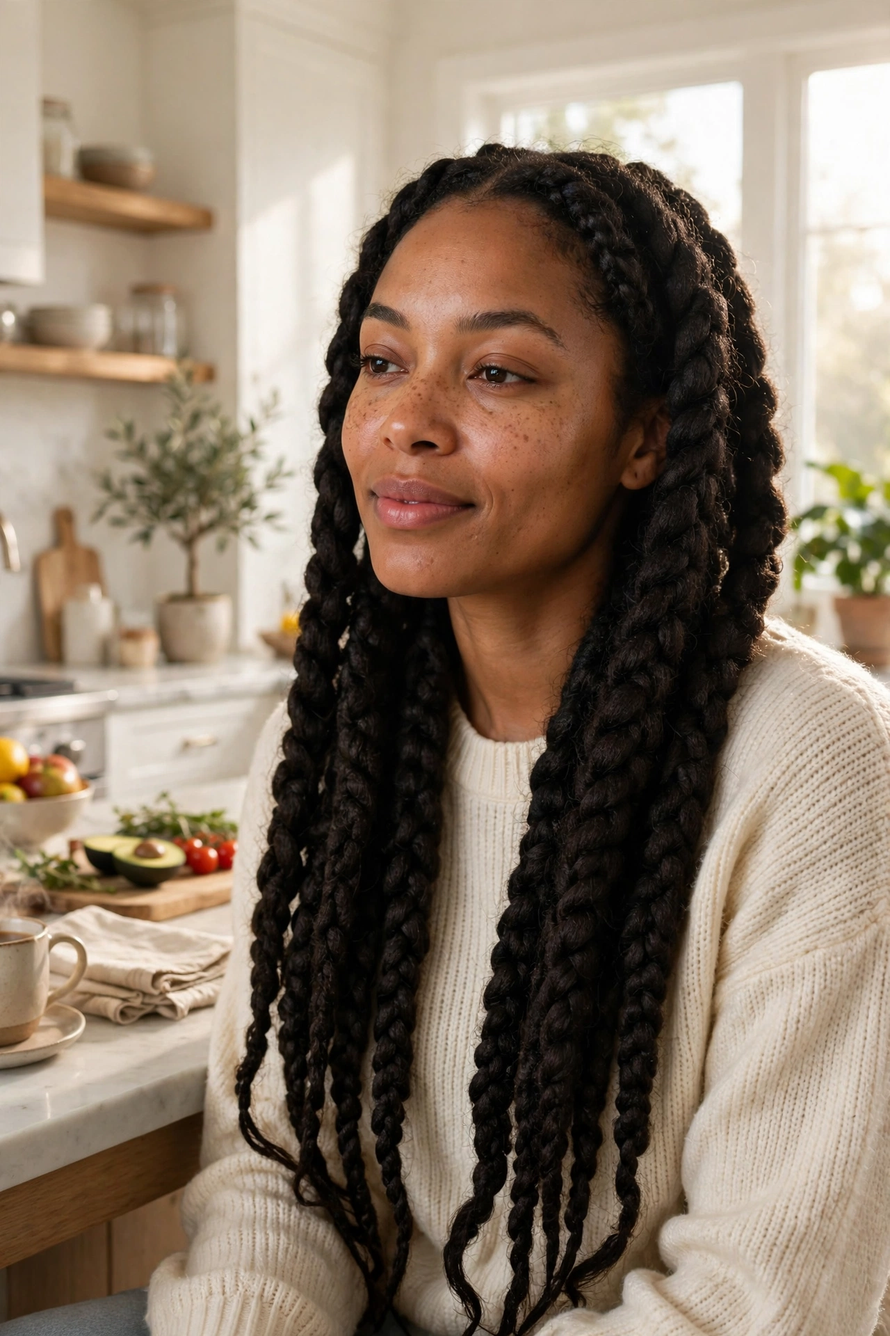 A woman with jumbo knotless braids worn loose over her shoulders, photographed in a bright kitchen in soft morning light, wearing a casual cream sweater, looking relaxed and effortless.