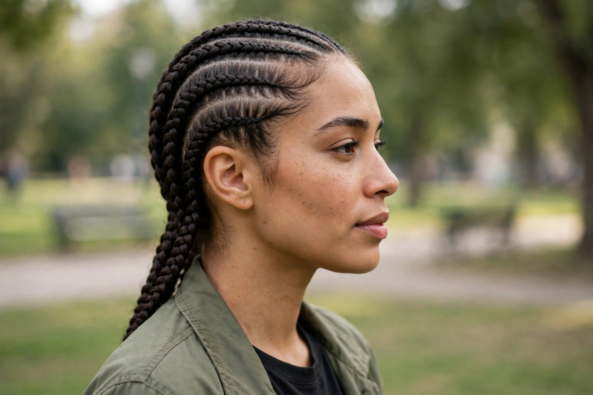 A woman with straight-back cornrows, shown from the side outdoors in gentle daylight with a blurred park background, wearing an olive jacket.