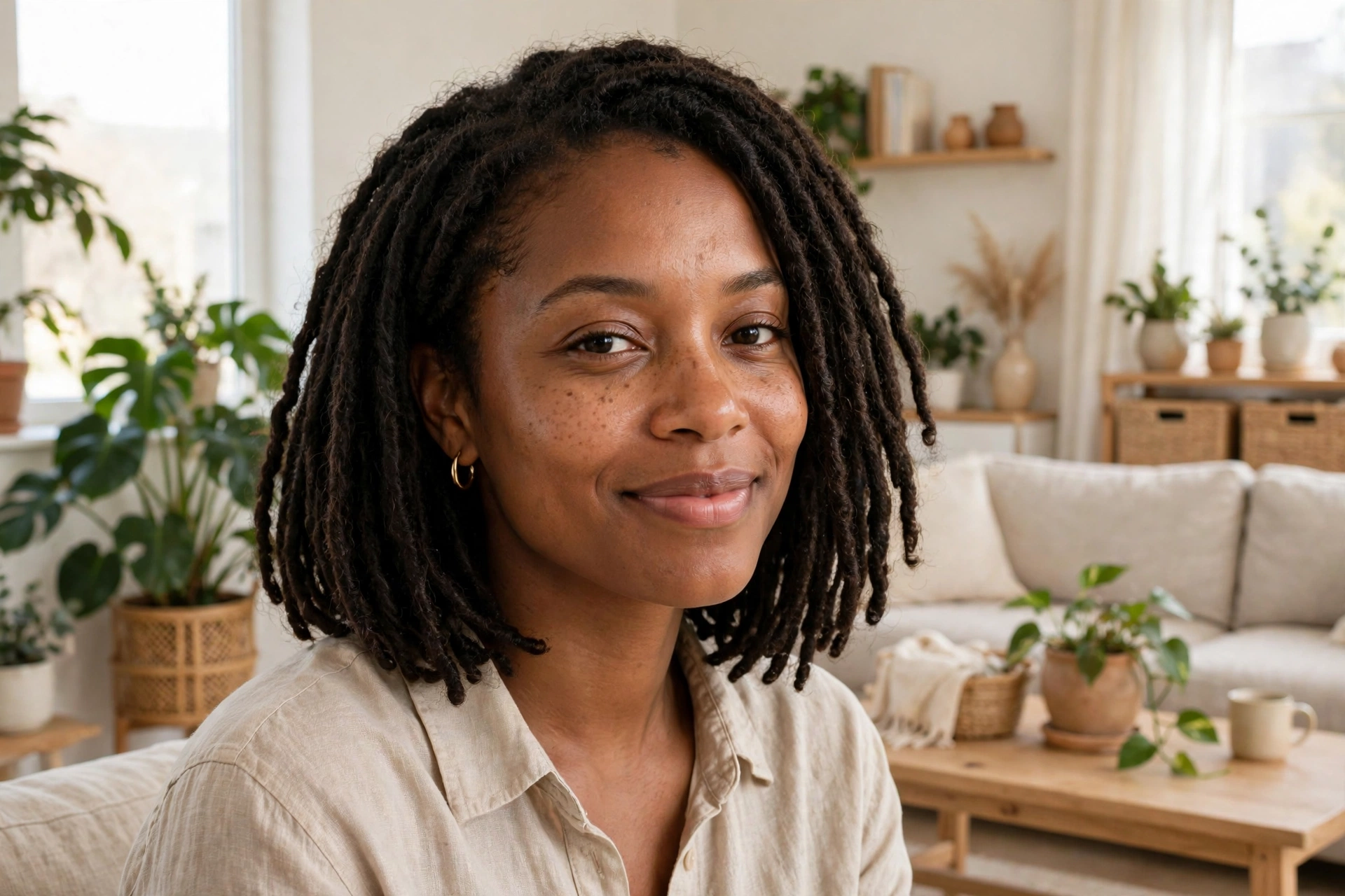 A woman with a shoulder-length loc-style bob, smiling softly in a bright living room with plants and light furniture.