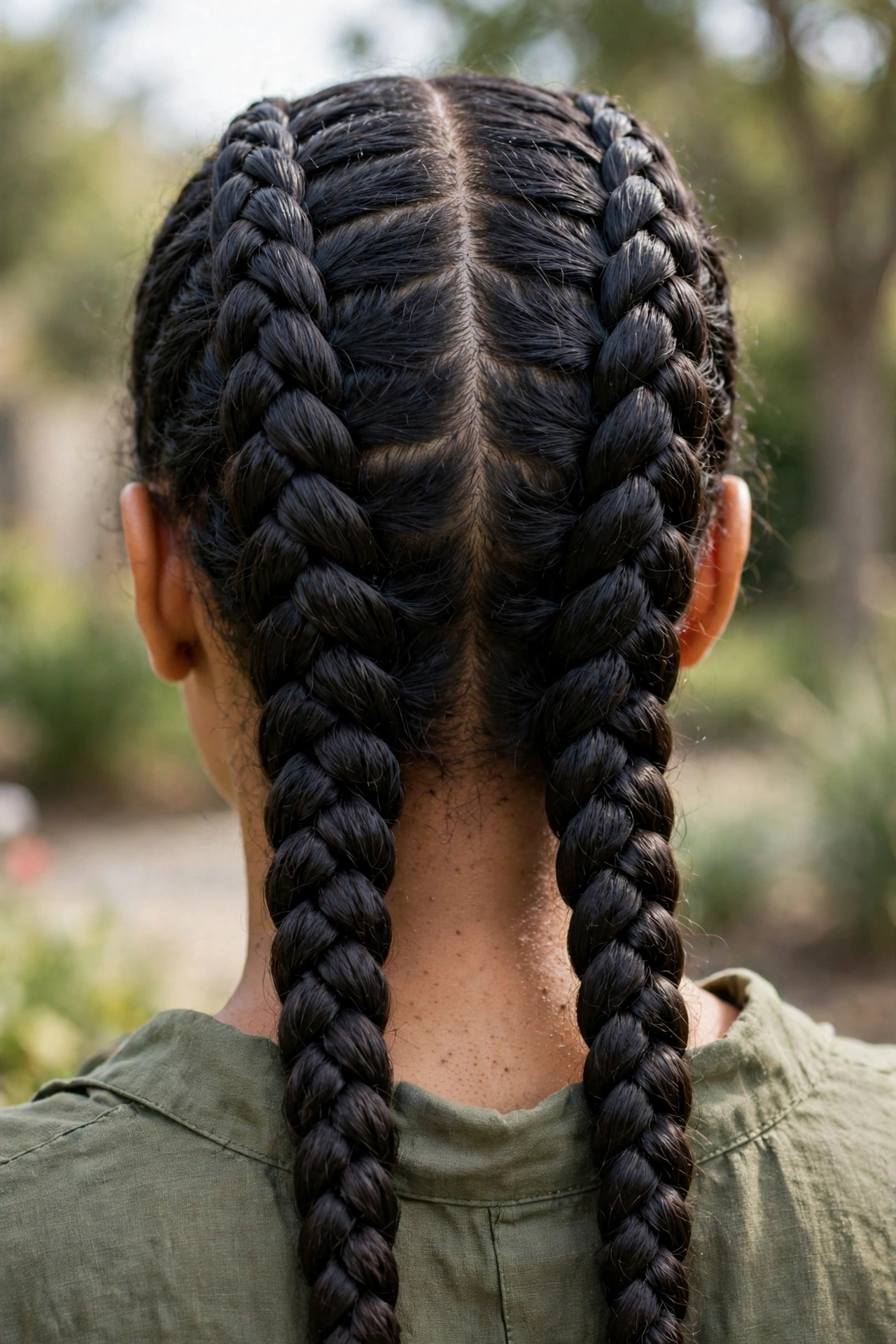 A woman with two feed-in braids, photographed from the back in soft daylight, the neat centre part and braid pattern clearly visible, wearing an olive top.