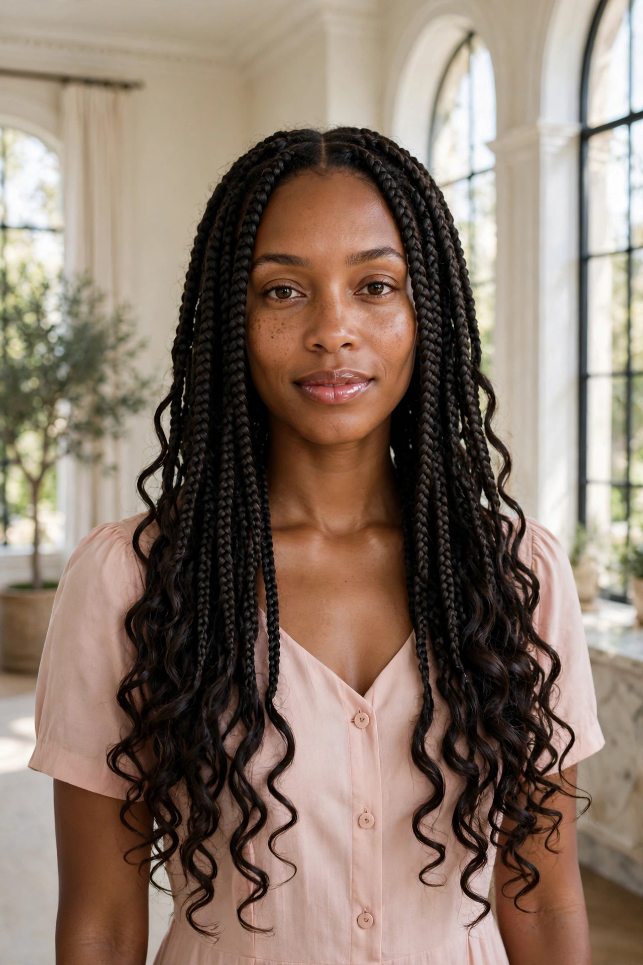A woman with long goddess braids with soft, flowing curly ends, photographed in a bright, elegant room with tall arched windows, wearing a simple blush dress, the braids falling gracefully over her shoulders.
