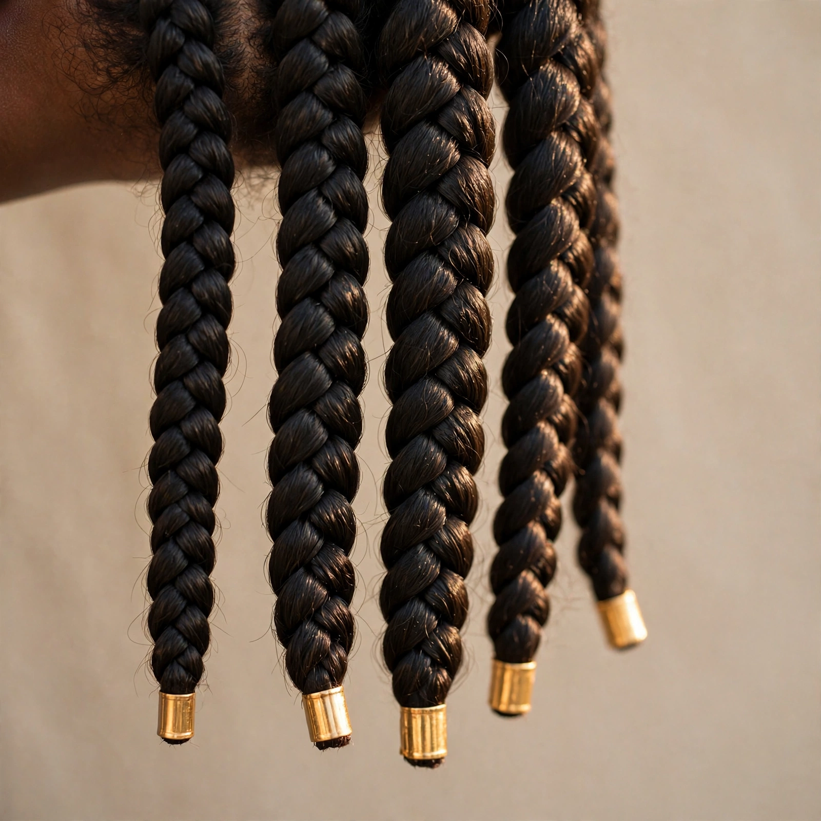 Close-up of goddess braids with gold tube cuffs at the very ends, photographed in warm, soft daylight against a neutral background.