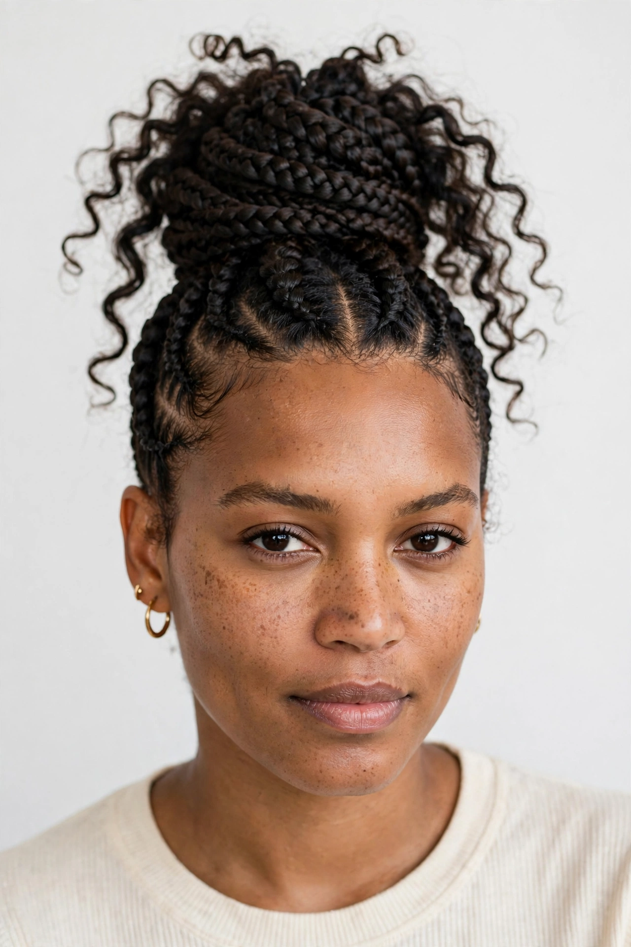 A woman with goddess braids gathered into a high bun with curly ends on show, photographed in a bright white studio background, wearing gold hoop earrings.