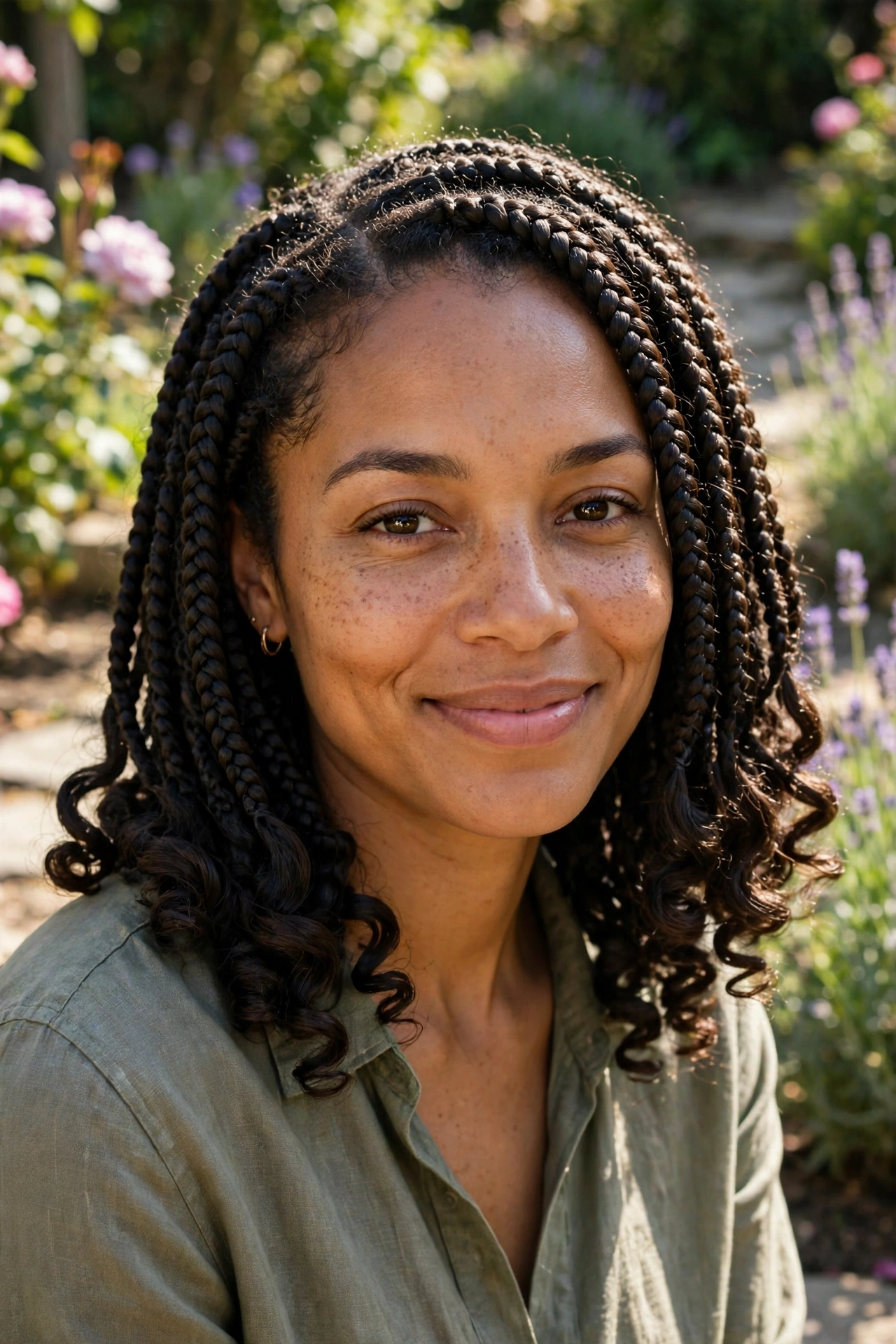 A woman with shoulder-length goddess braids with bouncy curly ends, smiling in a sunlit garden, wearing an olive shirt.