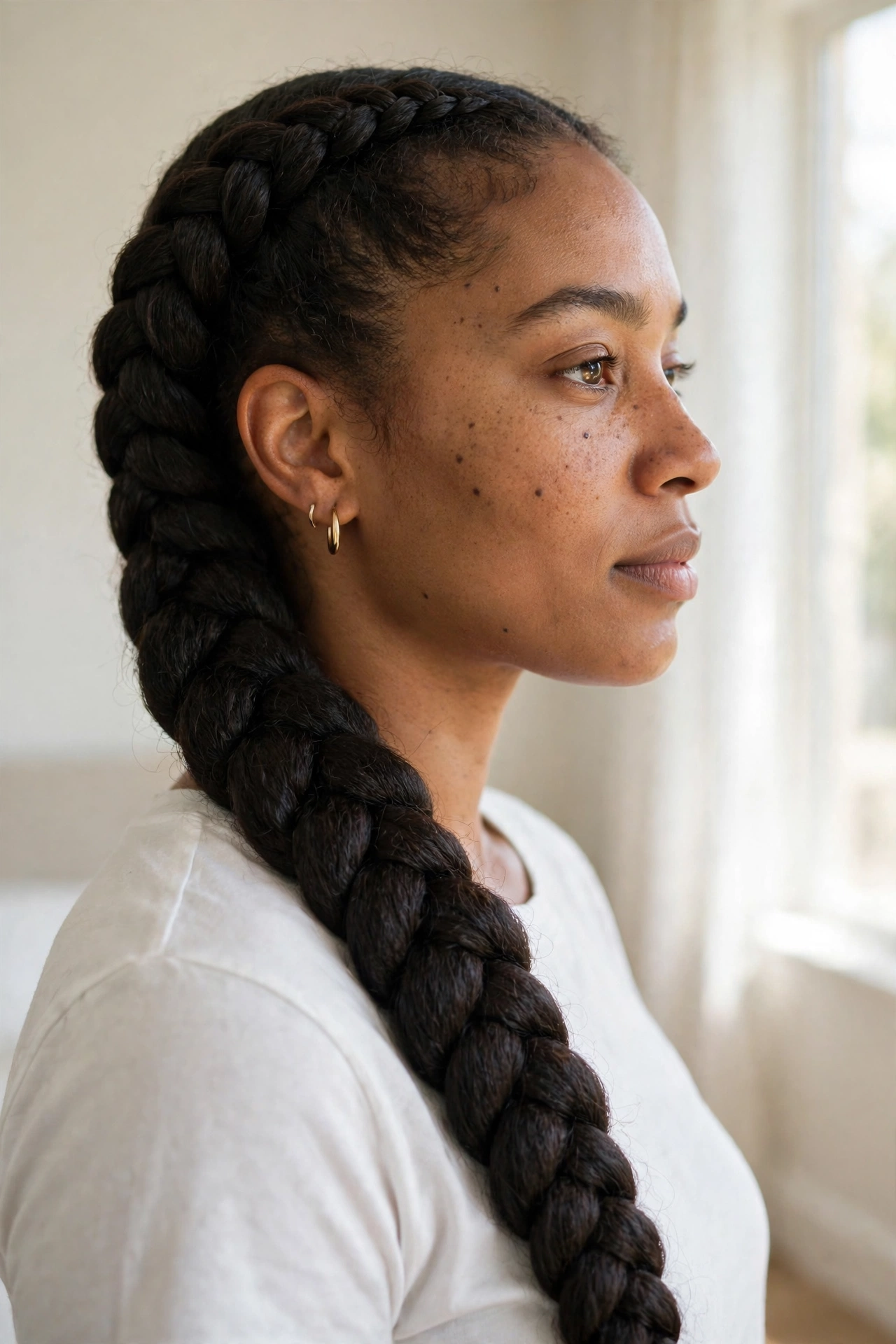 A single thick side braid draped over one shoulder, shown in side profile, wearing a white top in a bright room.