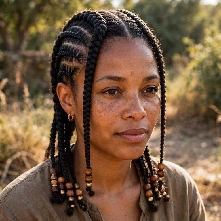 A woman with Fulani-style braids featuring a centre plait, curved side cornrows, and wooden brown and gold-toned beads, photographed outdoors in warm daylight, wearing a simple earth-toned top, the patterned braids clearly visible.