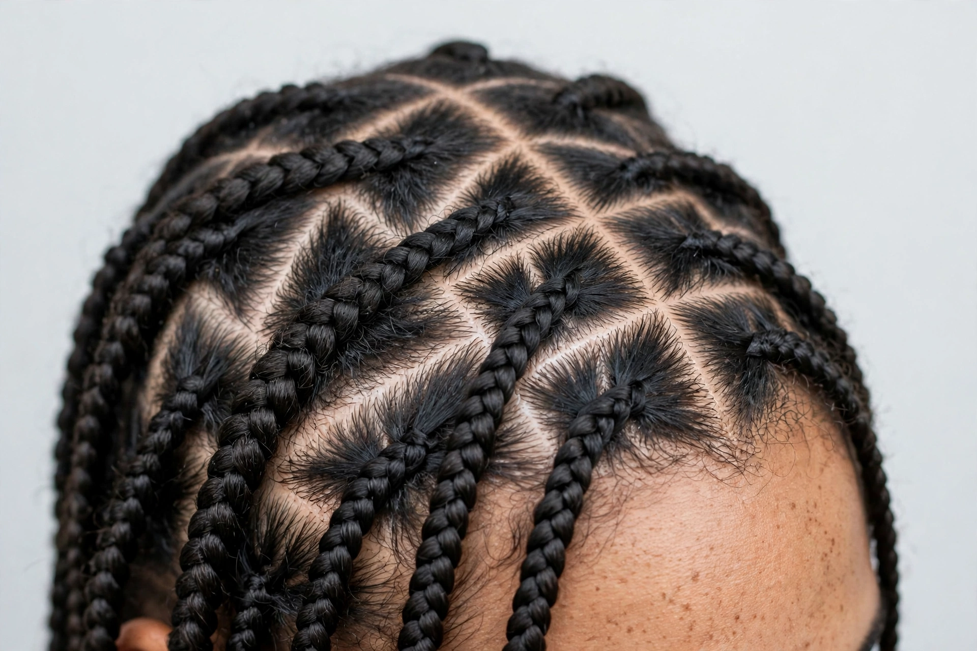 Close-up of tribal braids with triangle and star partings, photographed in bright studio light against a neutral background.