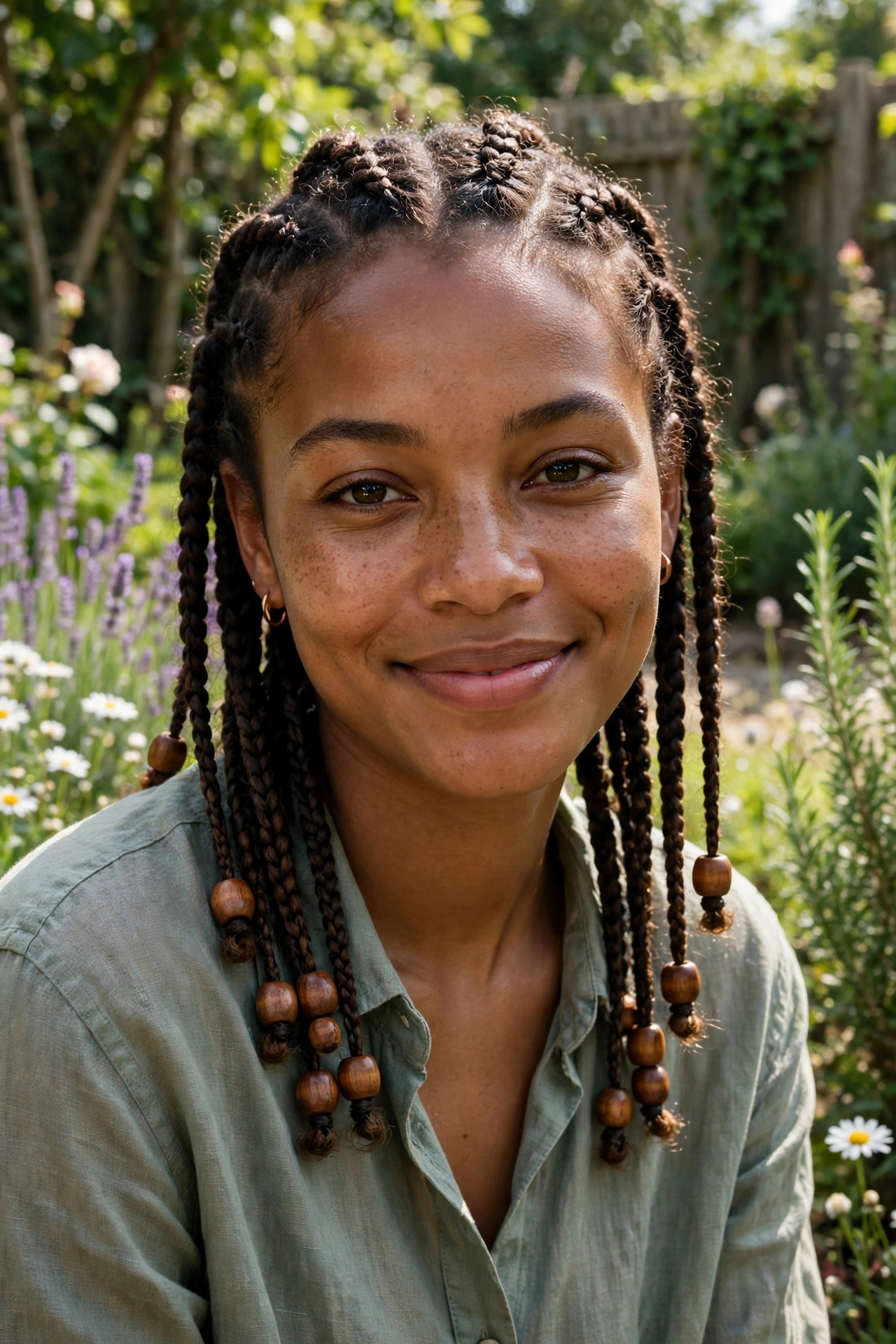 A woman with tribal braids and wooden beads at the ends, smiling softly in a sunlit garden setting, wearing an olive shirt.