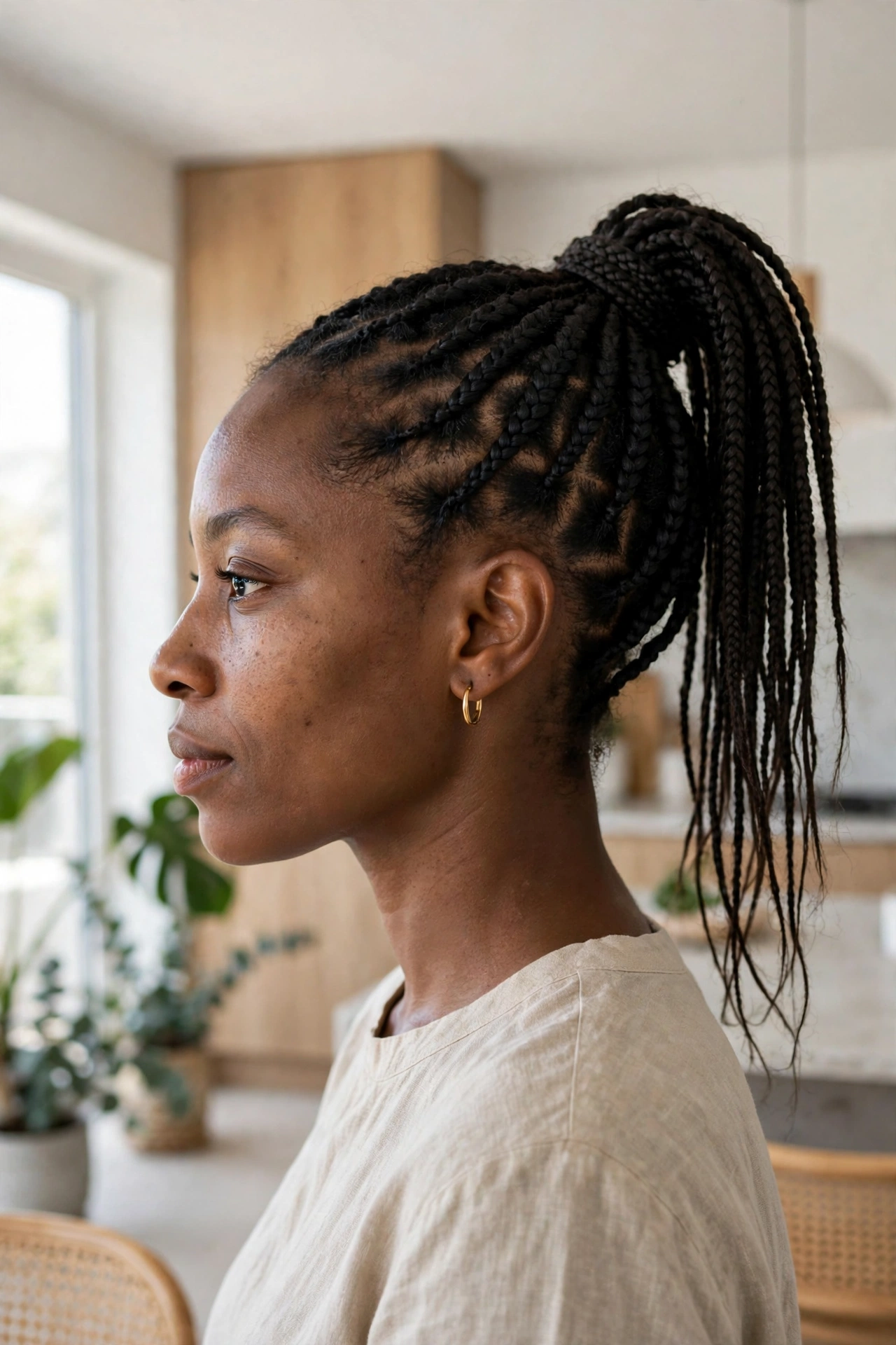 A woman with tribal braids gathered into a high ponytail, photographed from the side in a bright, modern room, ponytail wrapped at the base with a braid.