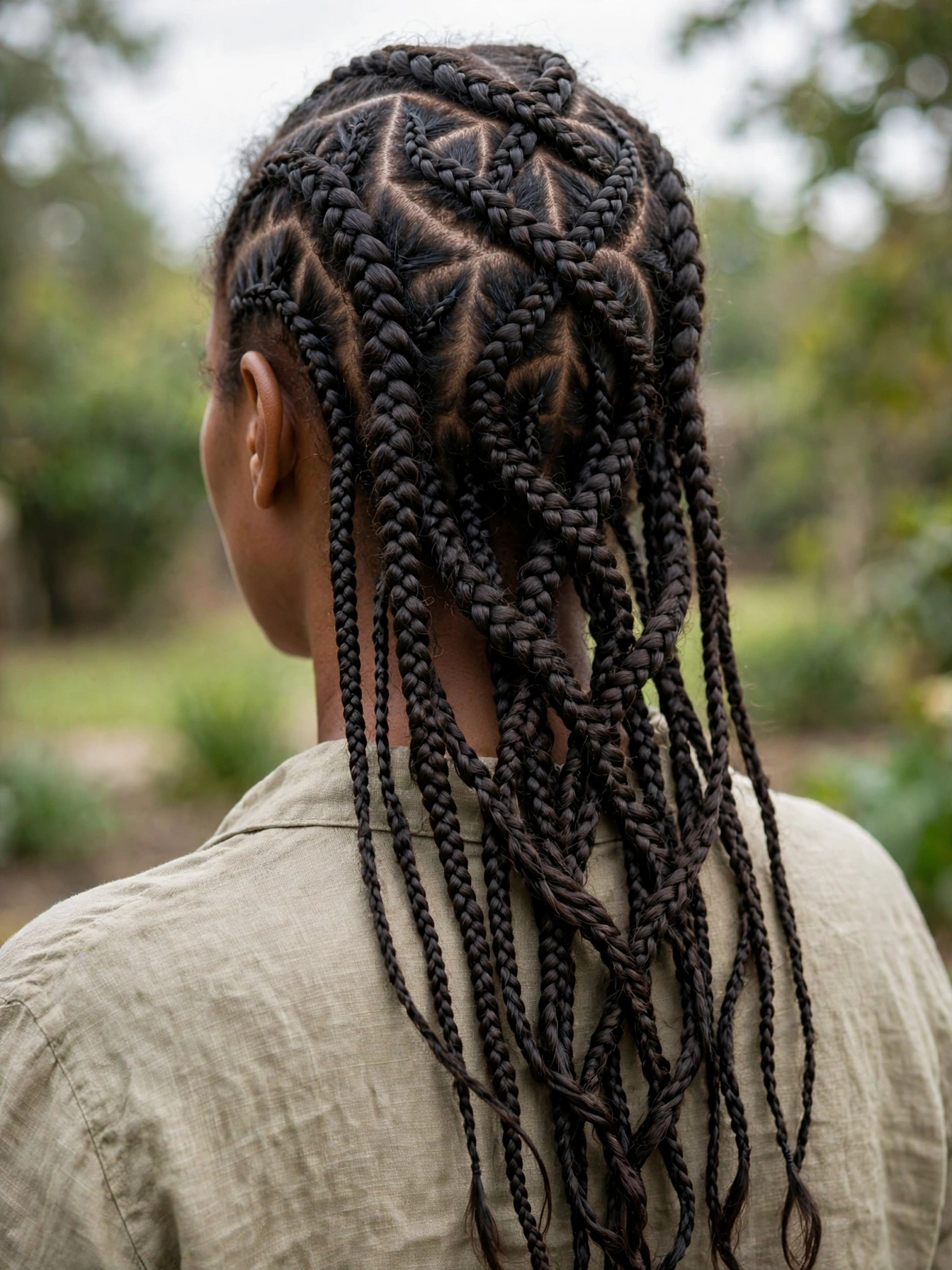 A woman with tribal braids in a cascading back pattern, photographed from behind in soft daylight, geometric triangle partings clearly visible, wearing an olive shirt.