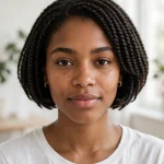 A woman with a short two-strand twist bob, photographed from the front in a bright room with soft daylight, wearing a simple white top, the neat bob shape clearly visible.