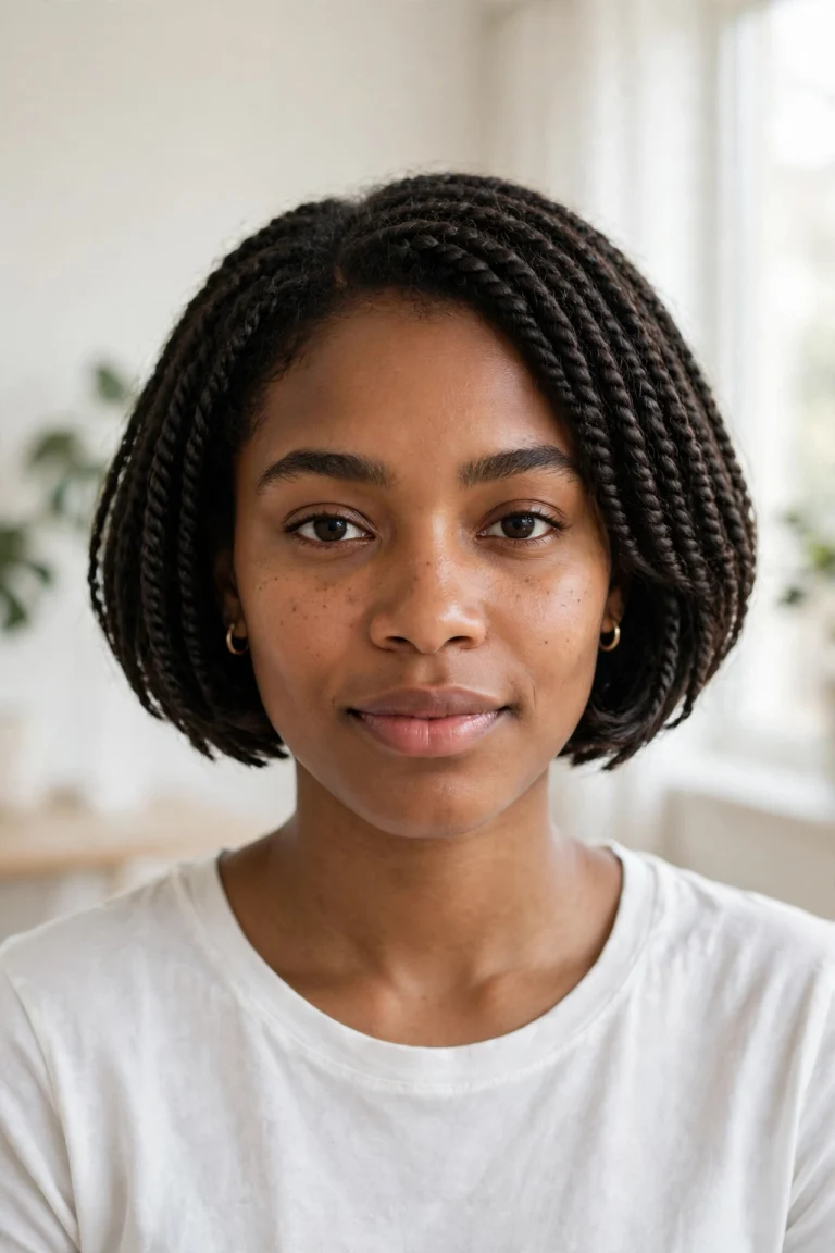 A woman with a short two-strand twist bob, photographed from the front in a bright room with soft daylight, wearing a simple white top, the neat bob shape clearly visible.