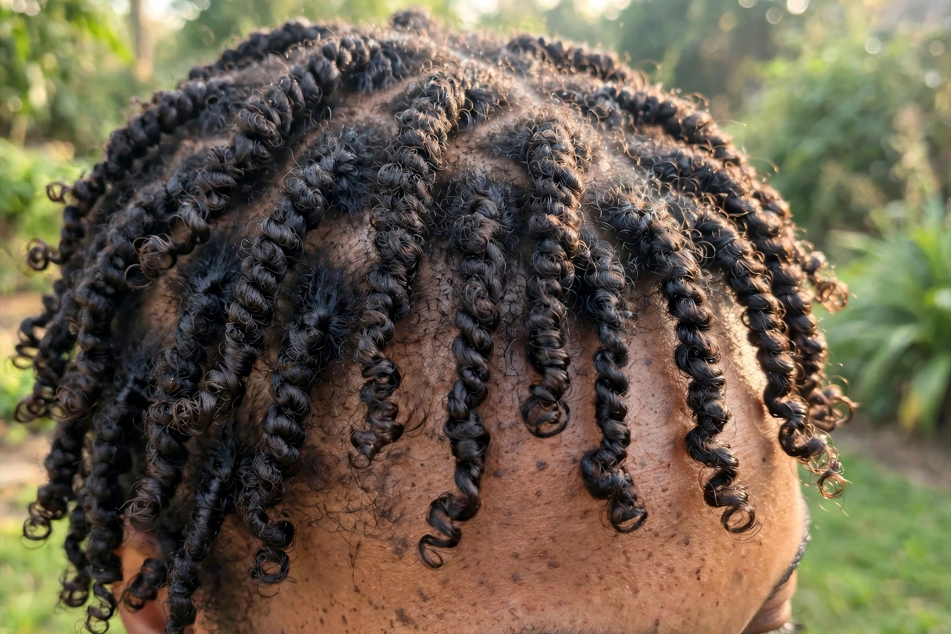 Close-up of short mini twists with defined curled ends, photographed outdoors in soft morning light, a tight crop on the twists and scalp with no face visible.