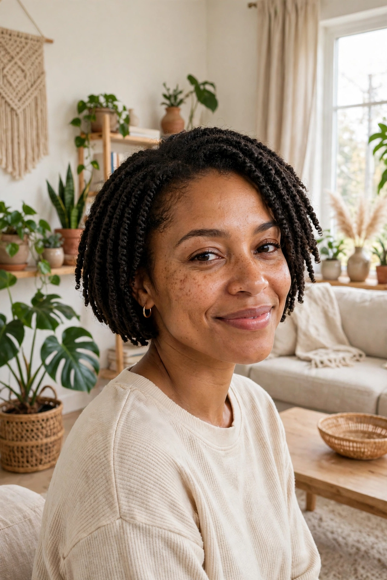 A woman with short passion twists in a bob cut, smiling gently in a bright living room with plants.