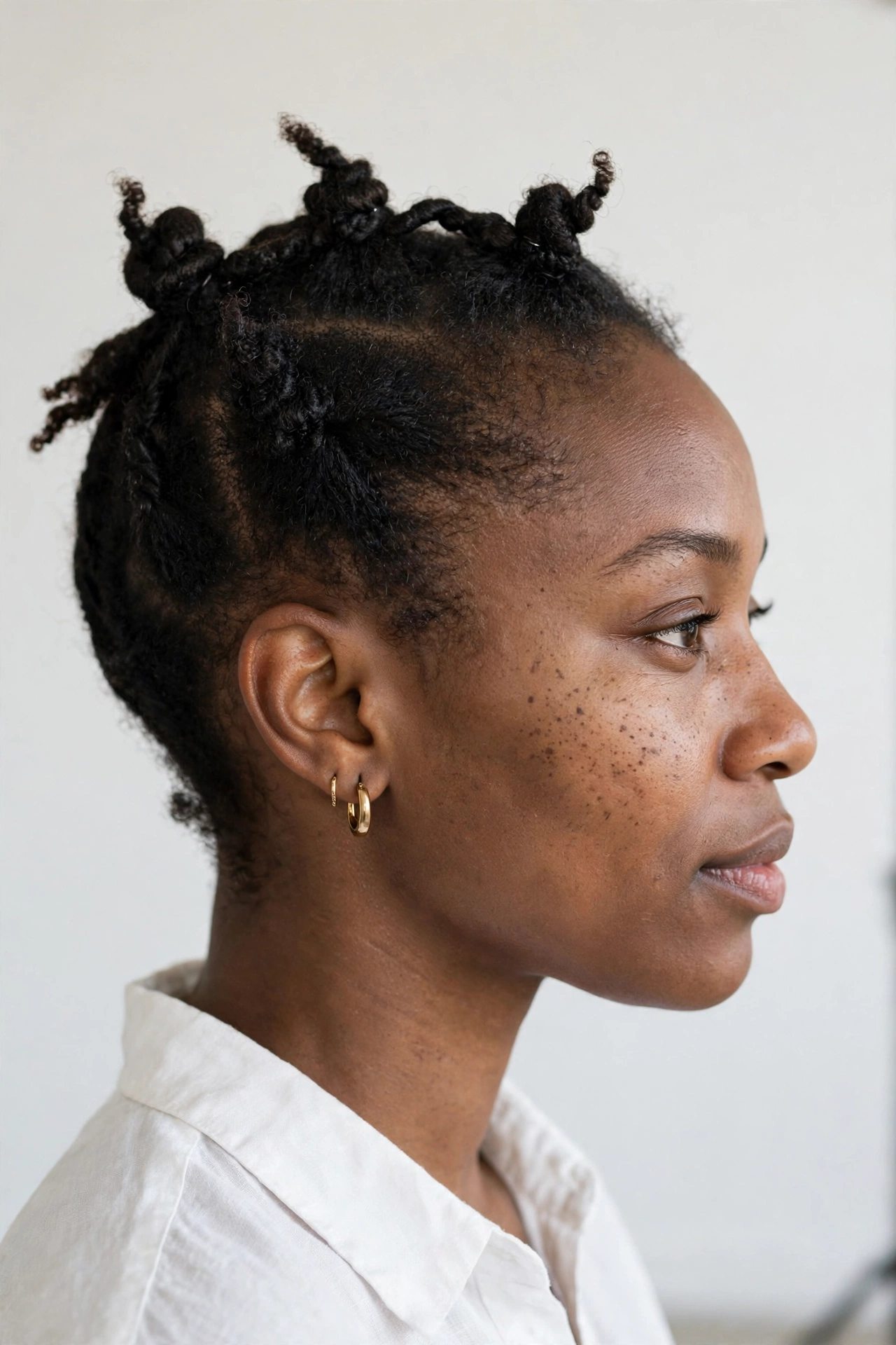 A woman with short twists pinned into several small twisted knots/buns, photographed from the side in a bright studio setting.