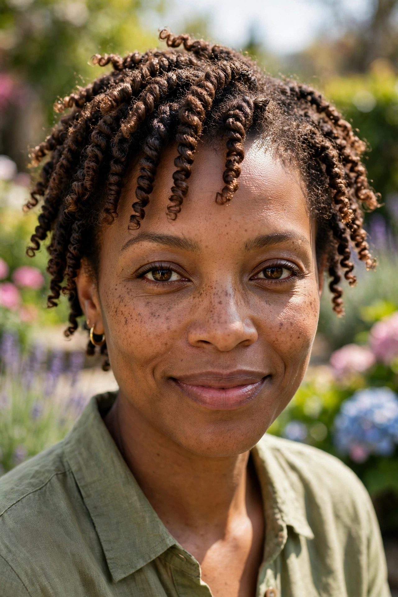 A woman with short brown-toned spring twists with curled ends, photographed outdoors on a bright day with a blurred flower garden background, wearing an olive shirt.
