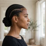 A woman with cornrows gathered into a classic low chignon, photographed from the side in a bright, elegant room with soft daylight, wearing a simple dark dress, the sleek cornrow base clearly visible.