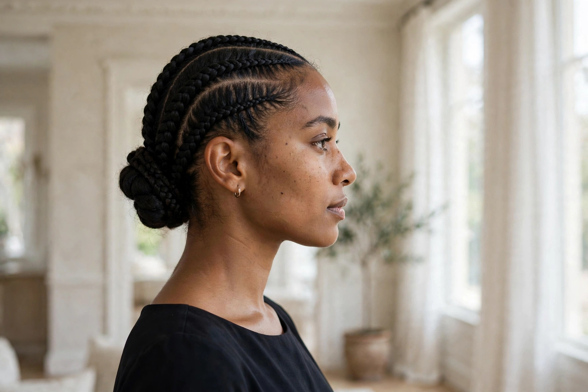A woman with cornrows gathered into a classic low chignon, photographed from the side in a bright, elegant room with soft daylight, wearing a simple dark dress, the sleek cornrow base clearly visible.