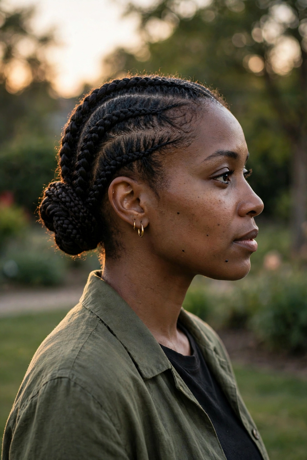 A woman with cornrows gathered into a low chignon, photographed from the side outdoors in soft evening light, wearing an olive shirt.