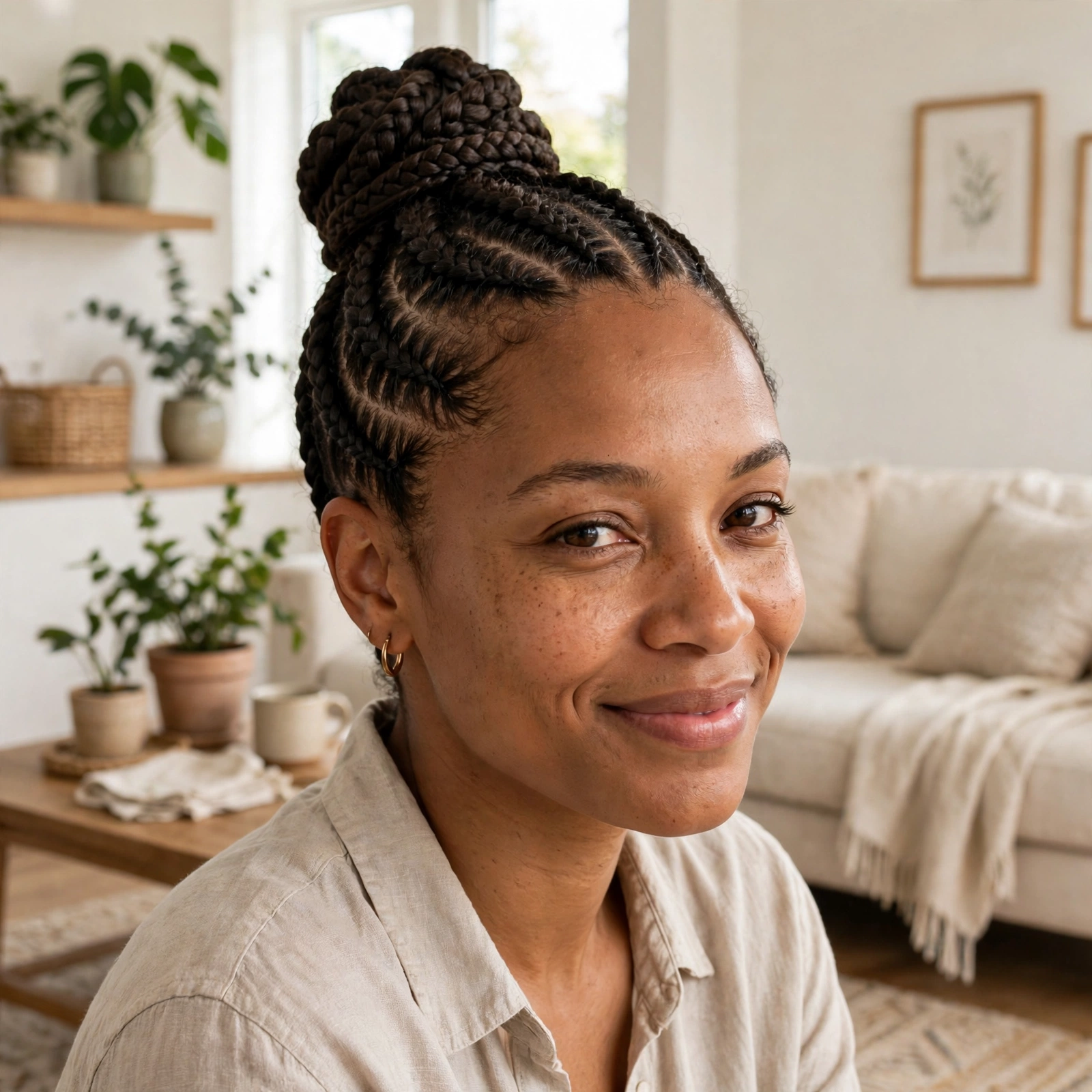 A woman with cornrows into a braided top knot, smiling softly in a bright living room.
