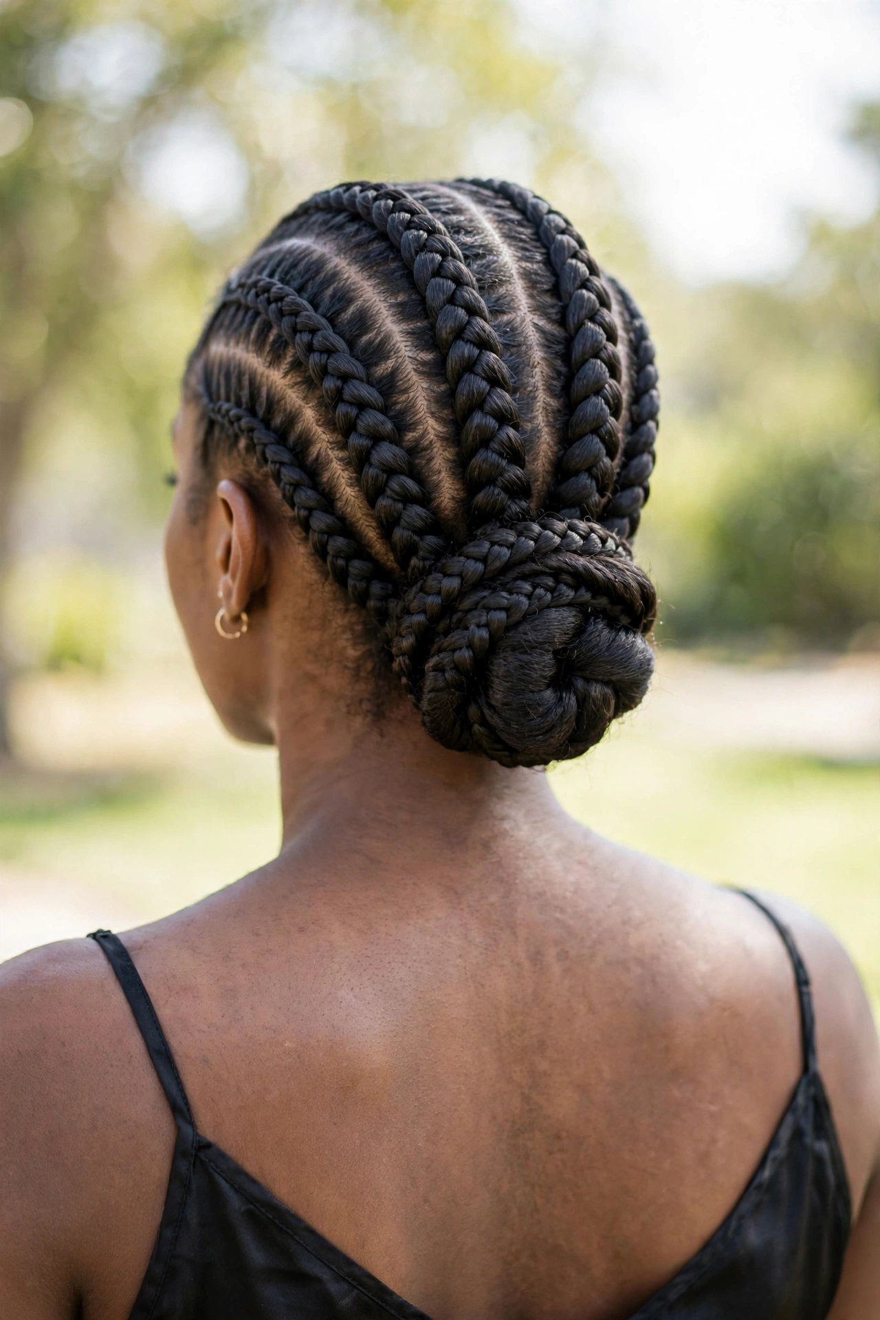 A woman with cornrows into a polished evening updo with a braided low bun, photographed from the back in soft, bright light, wearing a black spaghetti-strap dress.