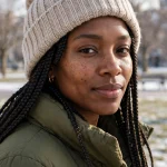 A woman with box braids worn under a soft beige knitted winter hat, photographed outdoors on a bright, cold day in a snowy park with soft light, wearing a warm olive coat, the braids peeking neatly from under the hat.