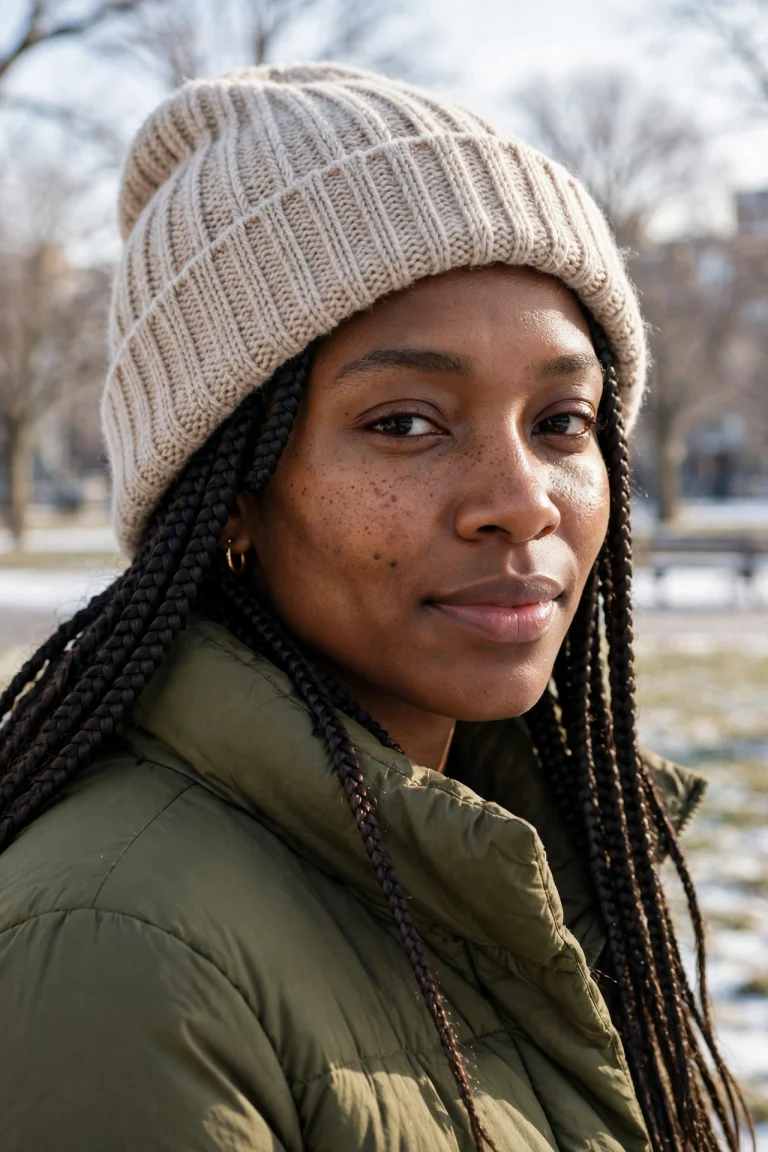 A woman with box braids worn under a soft beige knitted winter hat, photographed outdoors on a bright, cold day in a snowy park with soft light, wearing a warm olive coat, the braids peeking neatly from under the hat.