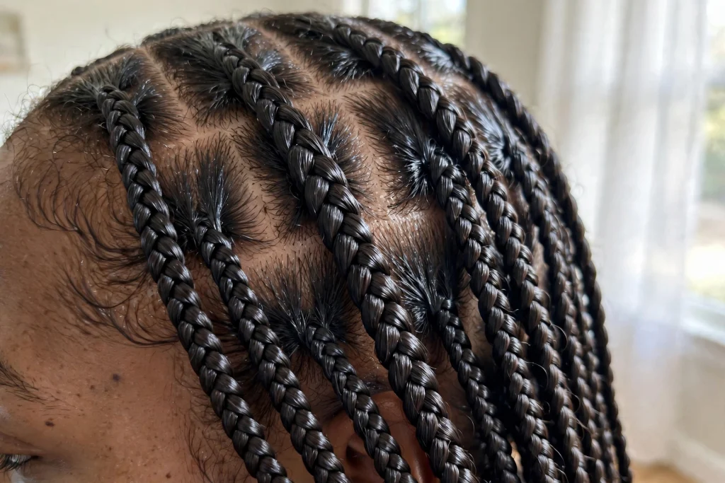 Close-up of neat knotless braids with clean partings and smooth, moisturised lengths, photographed in a bright room with soft daylight, a tight crop on the braids and scalp with no face visible.