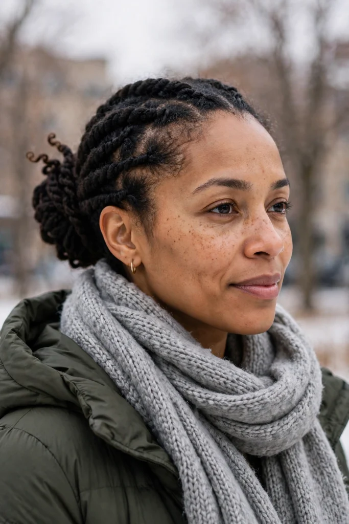 A woman with long twists gathered into a low bun, photographed outdoors in winter light, wearing a grey knitted scarf and an olive coat.