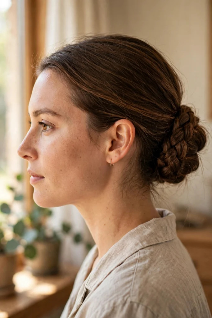 A woman with a smooth low braided bun, photographed from the side in a bright, warm indoor setting, wearing a linen shirt.