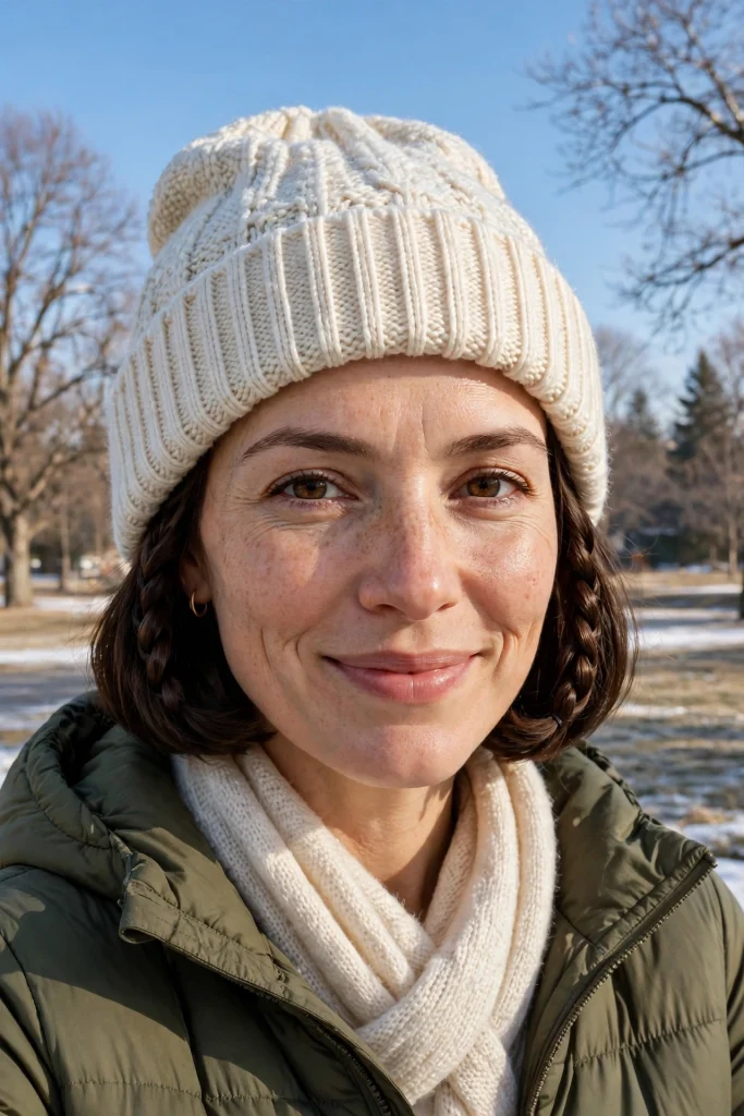A woman with a short bob with two thin side braids under a white knitted winter hat, smiling softly outdoors on a clear, cold day in snow, wearing a cream scarf and an olive coat.