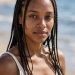 A woman with knotless braids on a sunny beach, photographed in bright natural light with the sea softly blurred behind her, wearing a simple cream tank top, the braids neat and relaxed.