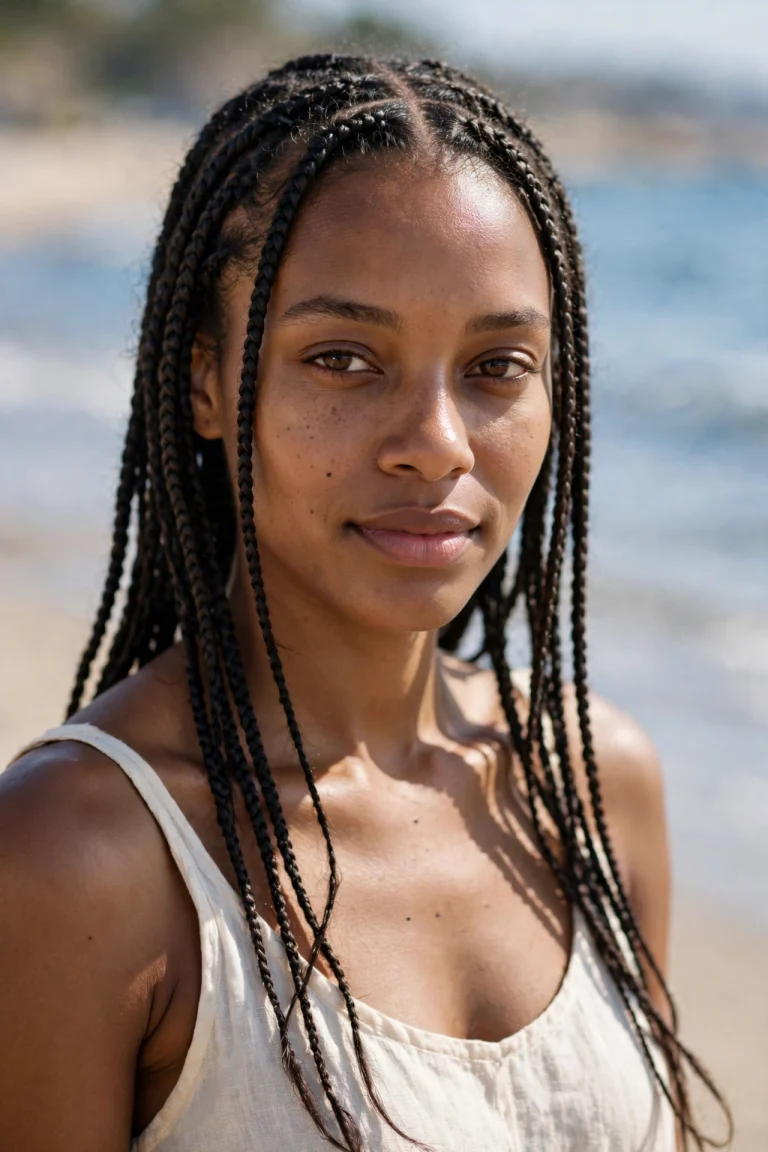 A woman with knotless braids on a sunny beach, photographed in bright natural light with the sea softly blurred behind her, wearing a simple cream tank top, the braids neat and relaxed.