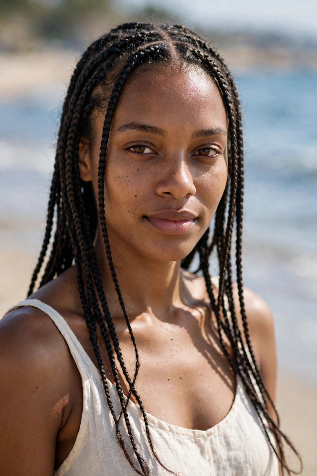 A woman with knotless braids on a sunny beach, photographed in bright natural light with the sea softly blurred behind her, wearing a simple cream tank top, the braids neat and relaxed.