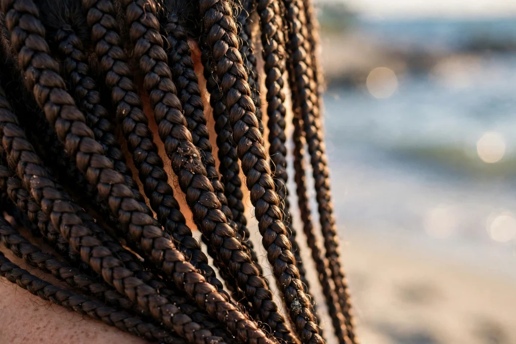 Close-up of box braids after a beach day, photographed in warm sunlight with sand flecks visible and the sea softly blurred behind, a tight crop on the braids with no face visible.