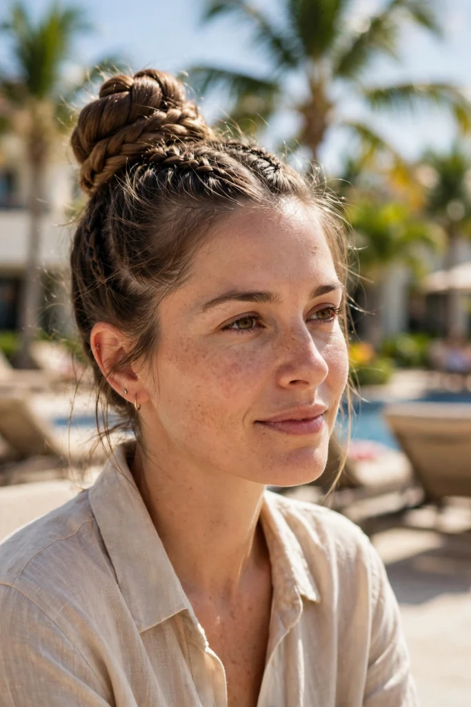 A woman with a braided high bun with small cornrows feeding into the bun, photographed outdoors at a sunny resort with palm trees blurred in the background, poolside.