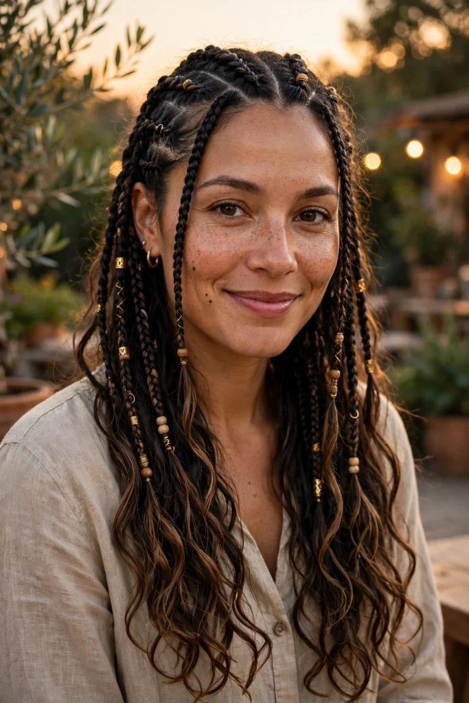 A woman with boho knotless braids with wavy ends and gold and wooden beads, smiling softly on a bright, warm evening outdoors with warm evening lights.