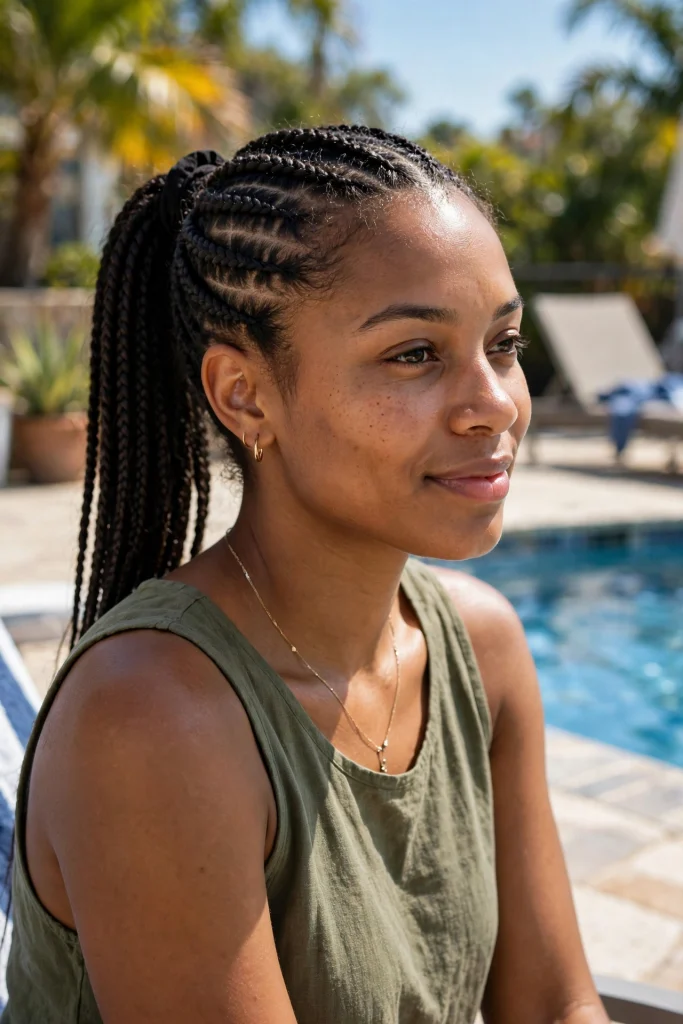A woman with cornrows into a high ponytail with a black wrap at the ponytail base, photographed at a poolside in bright daylight, wearing an olive tank top.