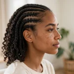 A woman with flat cornrow-style braids feeding into twists with curly ends, photographed from the side in a bright room with soft daylight and plants, wearing a simple cream top, the smooth braid-and-twist pattern clearly visible.