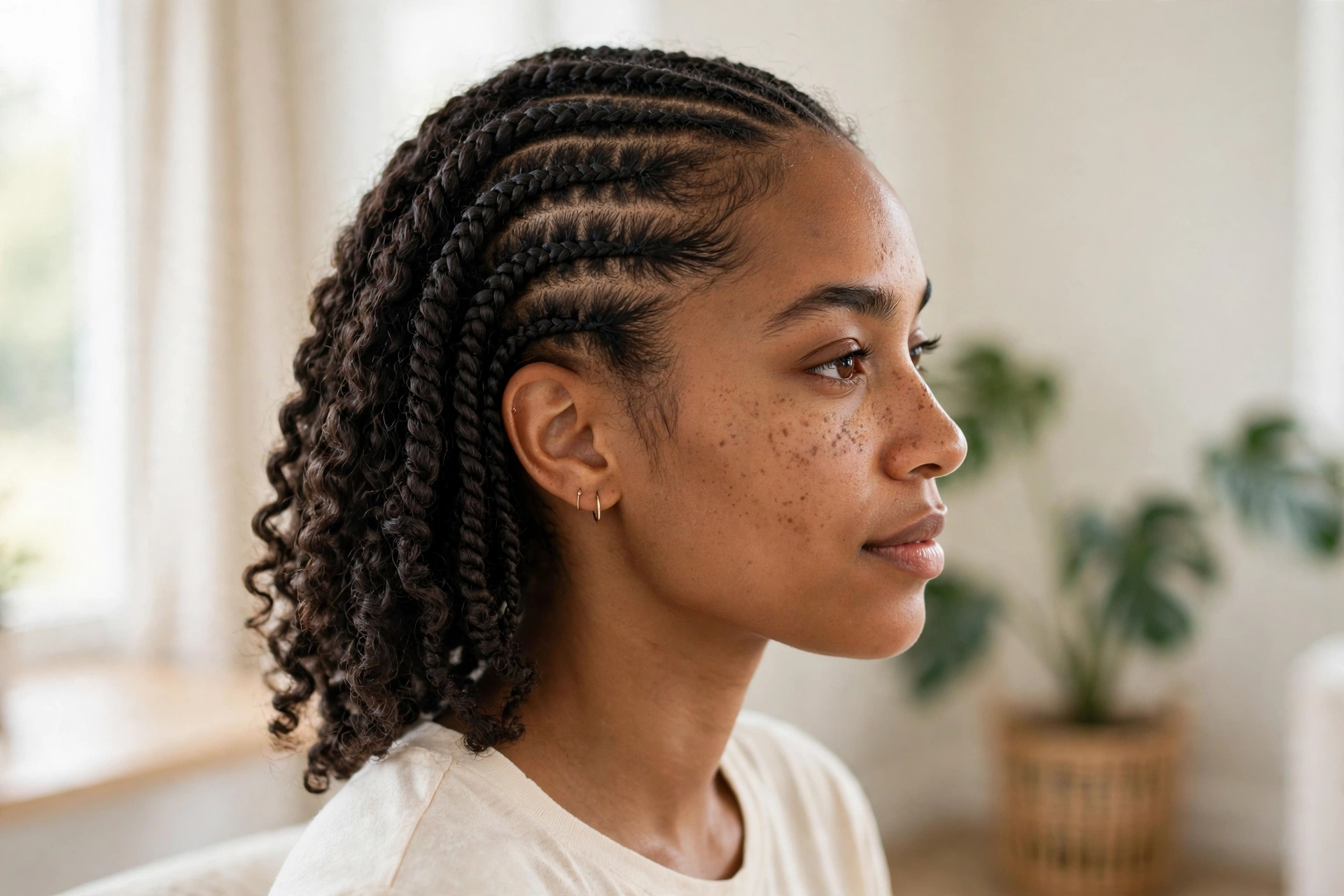 A woman with flat cornrow-style braids feeding into twists with curly ends, photographed from the side in a bright room with soft daylight and plants, wearing a simple cream top, the smooth braid-and-twist pattern clearly visible.