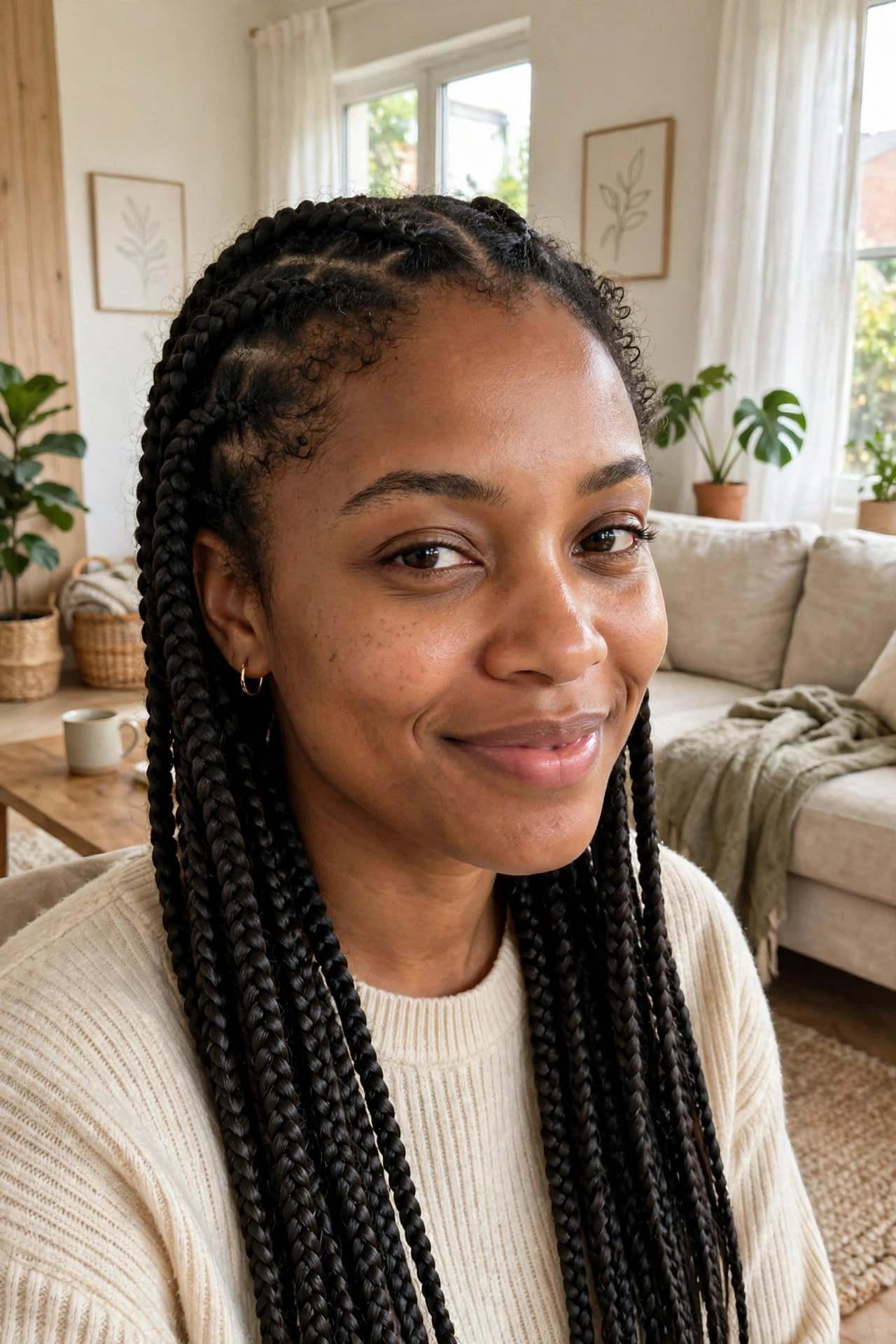 A woman with long box braids, smiling softly in a bright living room, wearing a cream sweater.