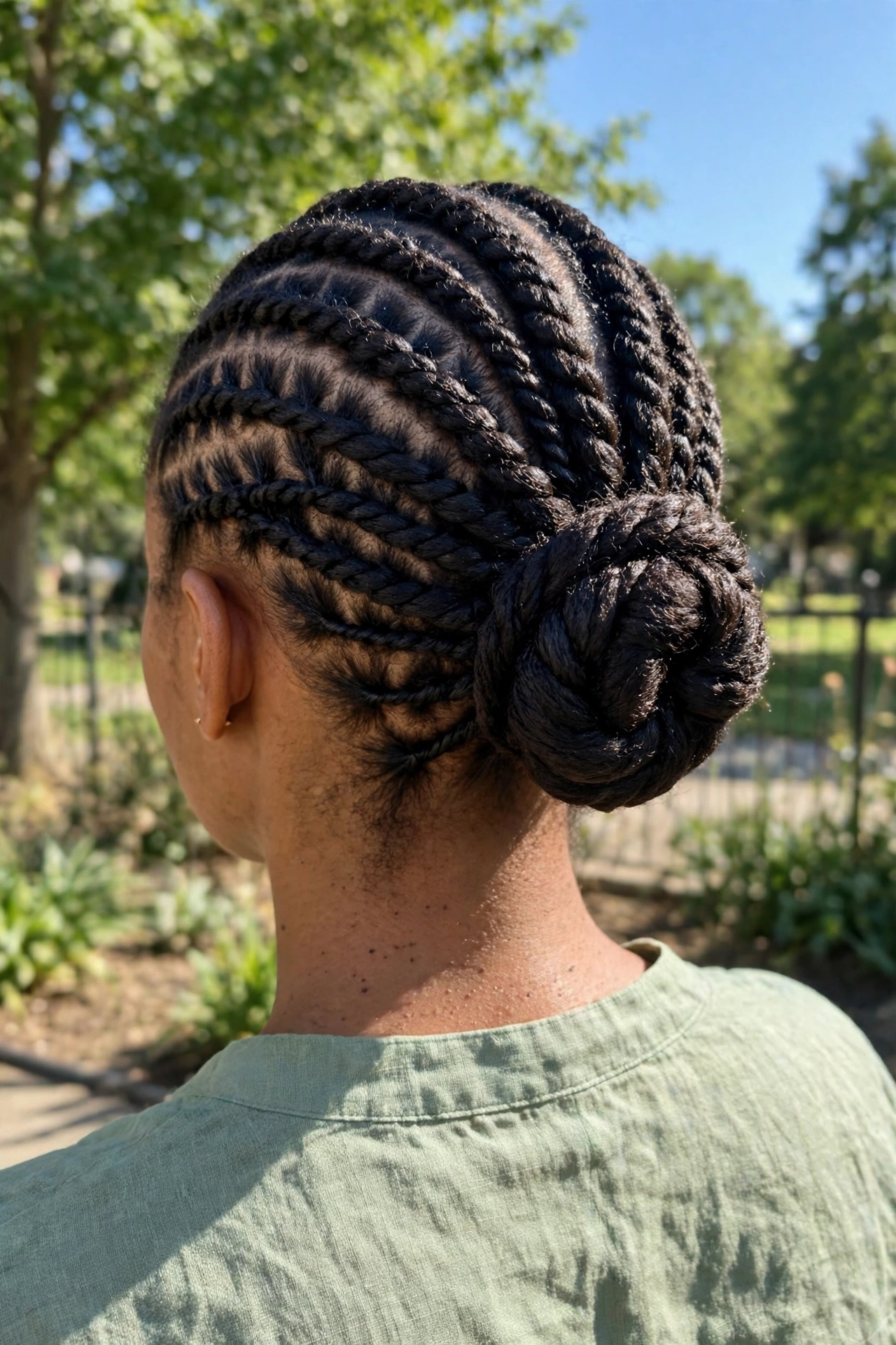 Back view of a woman with flat twists gathered into a low twisted bun, photographed outdoors in bright daylight, wearing a green top, the neat updo shape visible.
